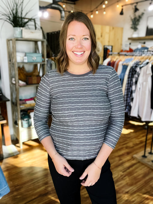 Gray w/ White Stripe Textured Long Sleeve Top