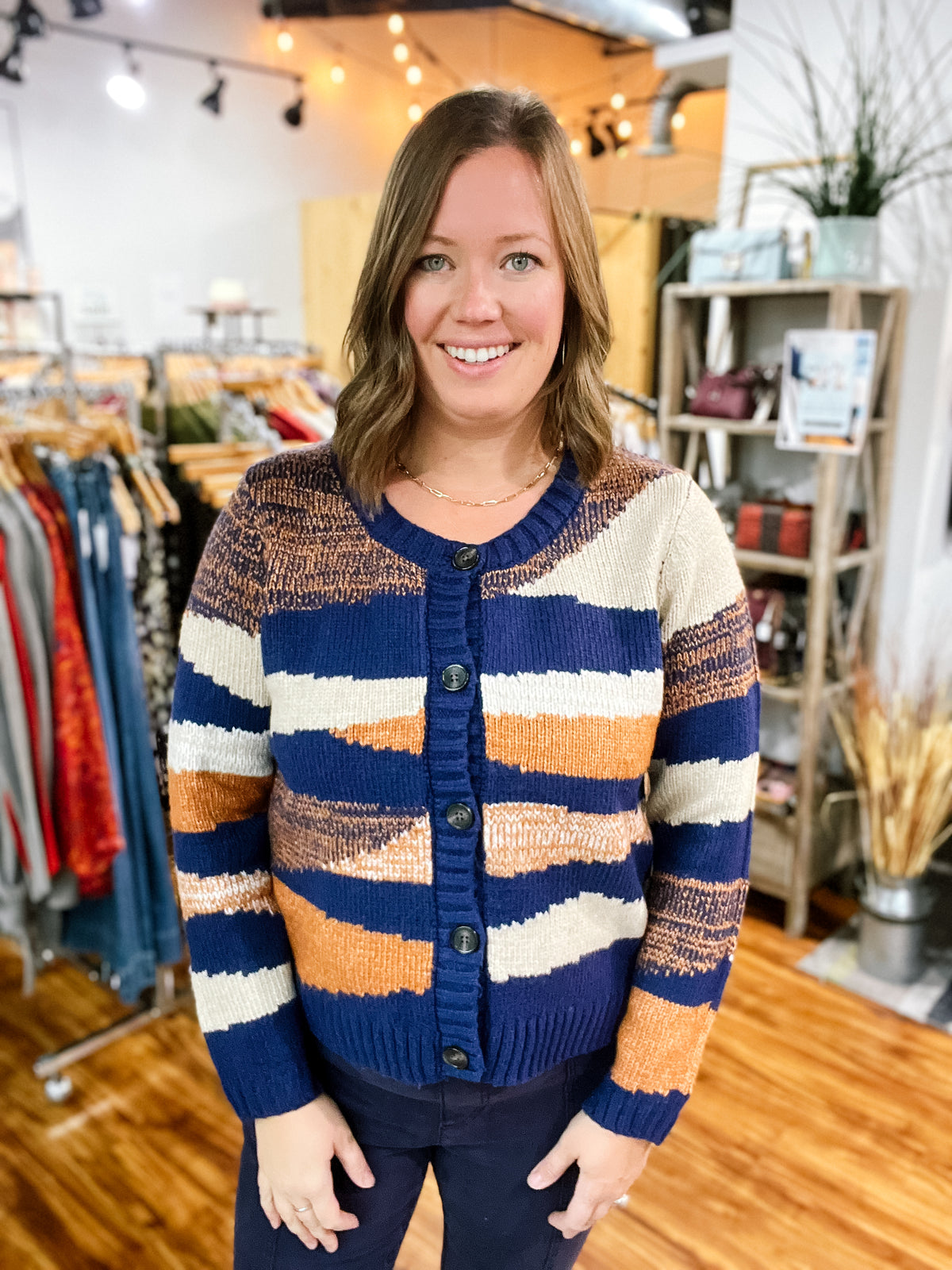 Navy & Brown Abstract Striped Cardigan