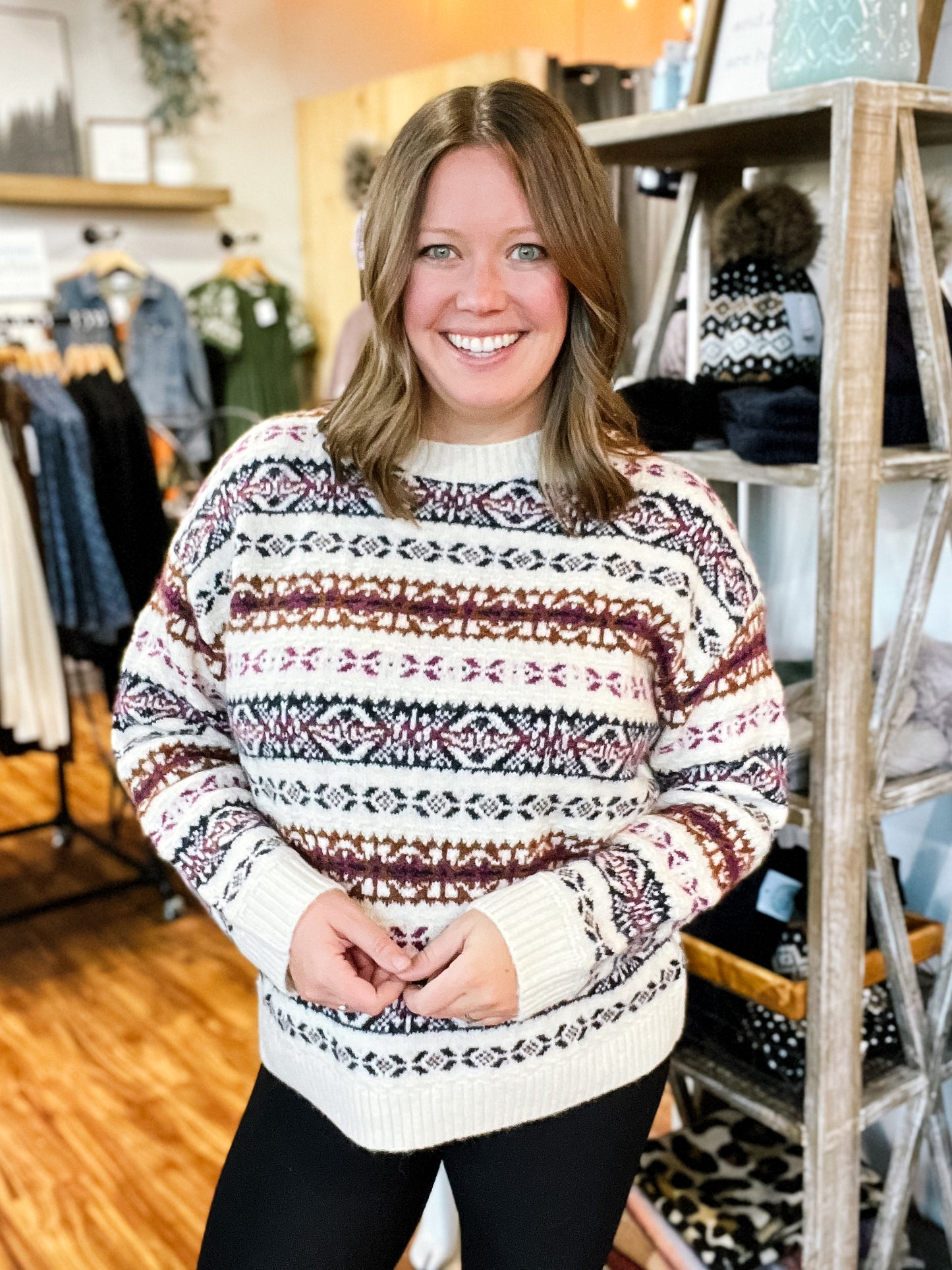 Cream Burgundy Navy Pattern Sweater