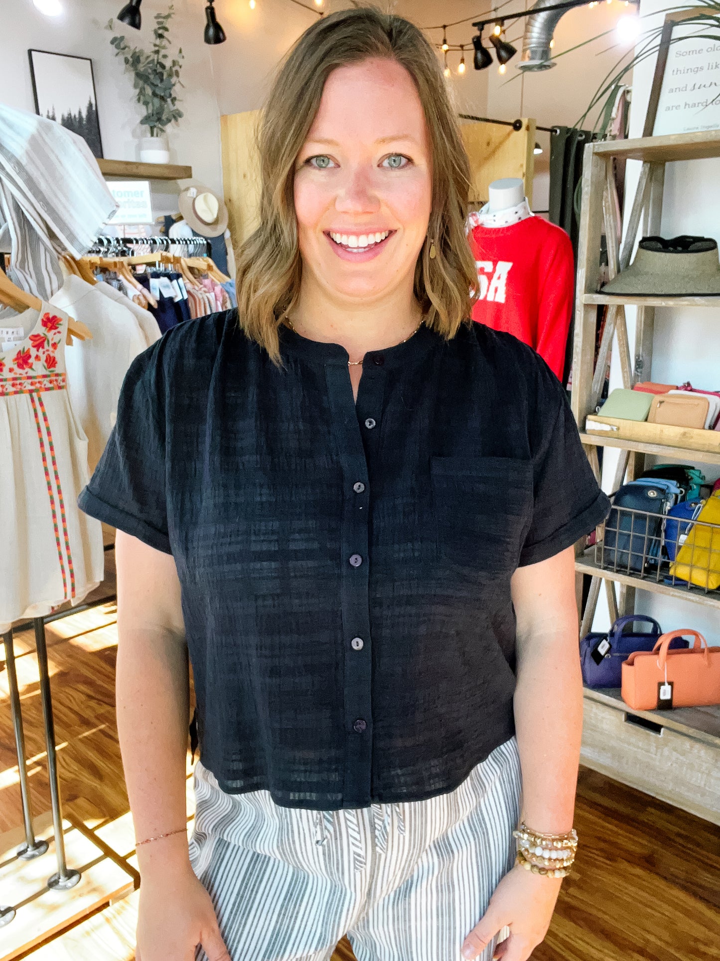 Black Button Front Top W/ Patch Pocket