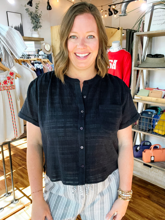 Black Button Front Top W/ Patch Pocket