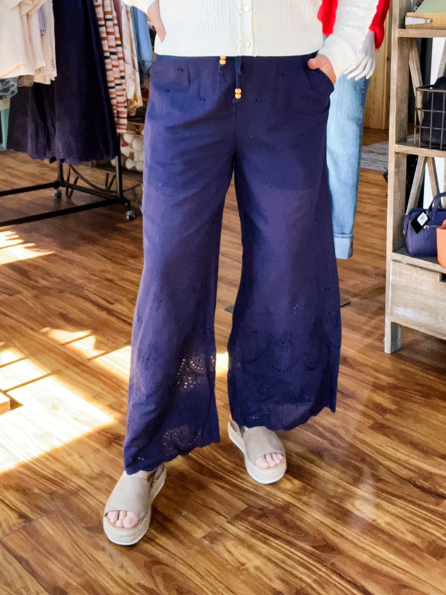 Navy Eyelet Pants
