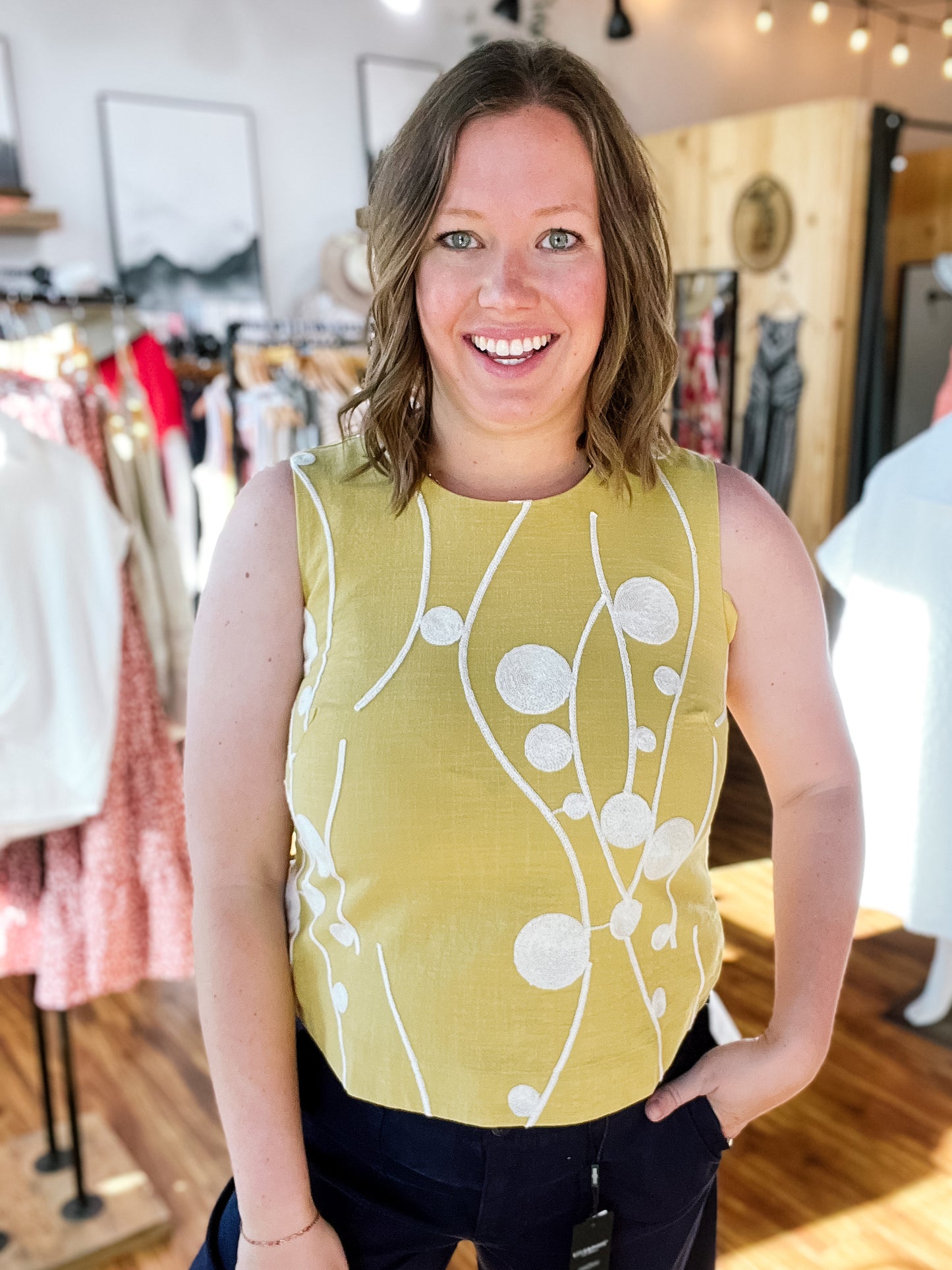 Yellow W/ Cream Embroidery Tank Top