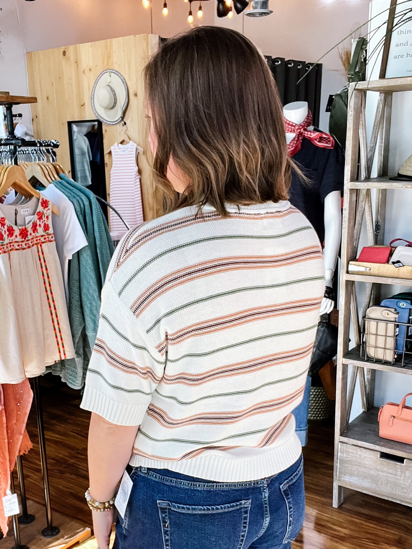 Vanilla Striped Drop Shoulder Short Sleeve Sweater
