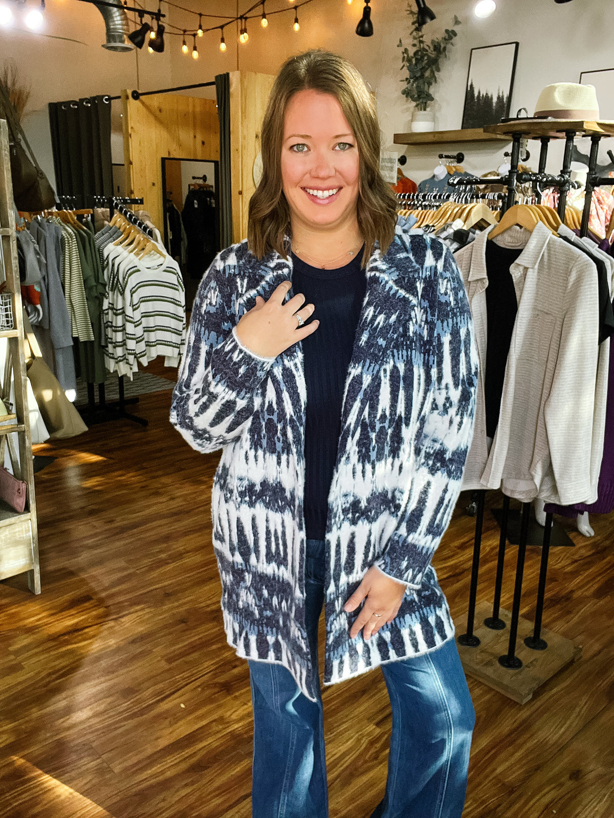 Navy Multi Print Open Front Shacket