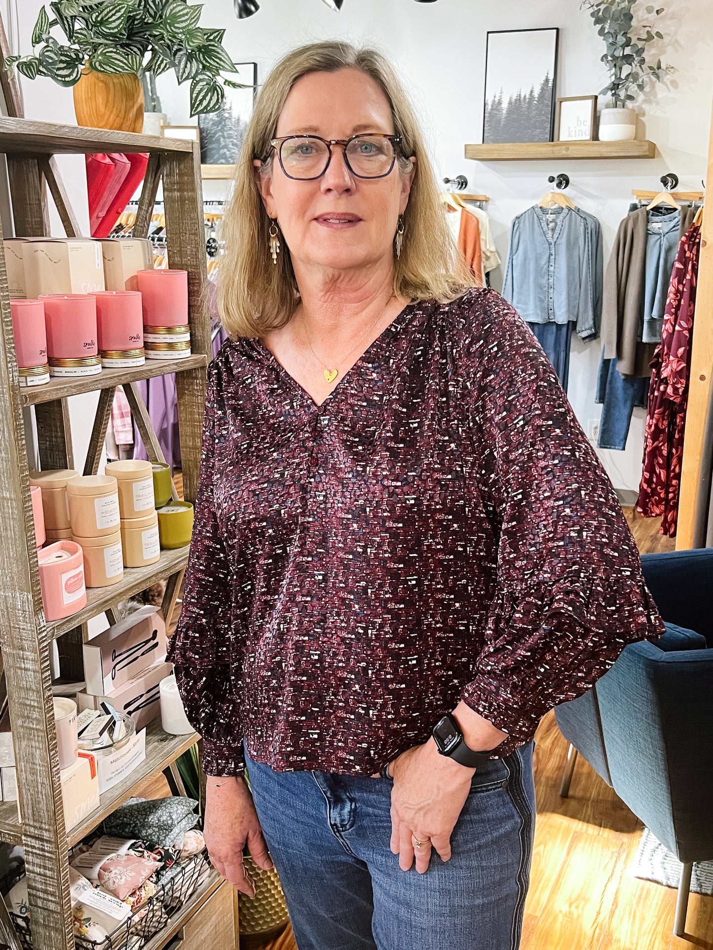 Burgundy Patterned Ruffle Sleeve Blouse