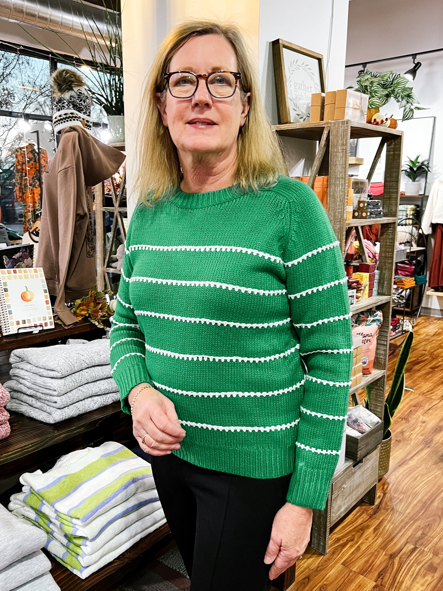 Green Sweater W/White Stripe