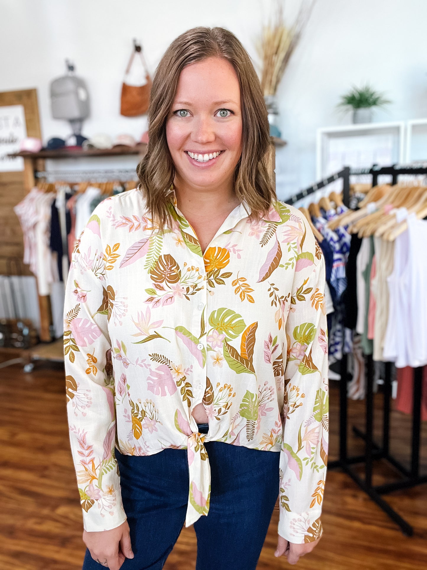 Tropical Print Button Down Long Sleeve Shirt