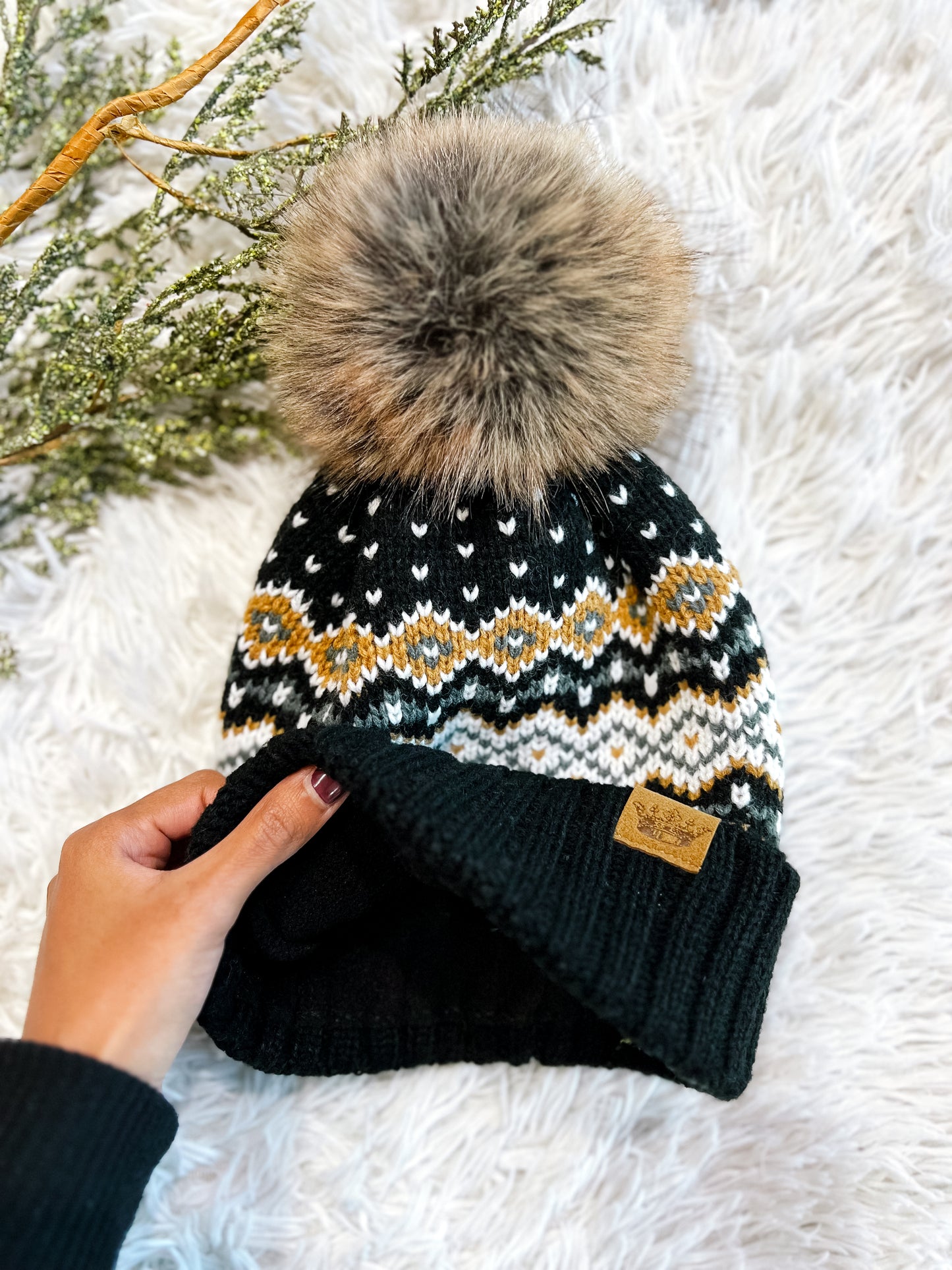 Black, White, Mustard & Blue Patterned Pom Beanie