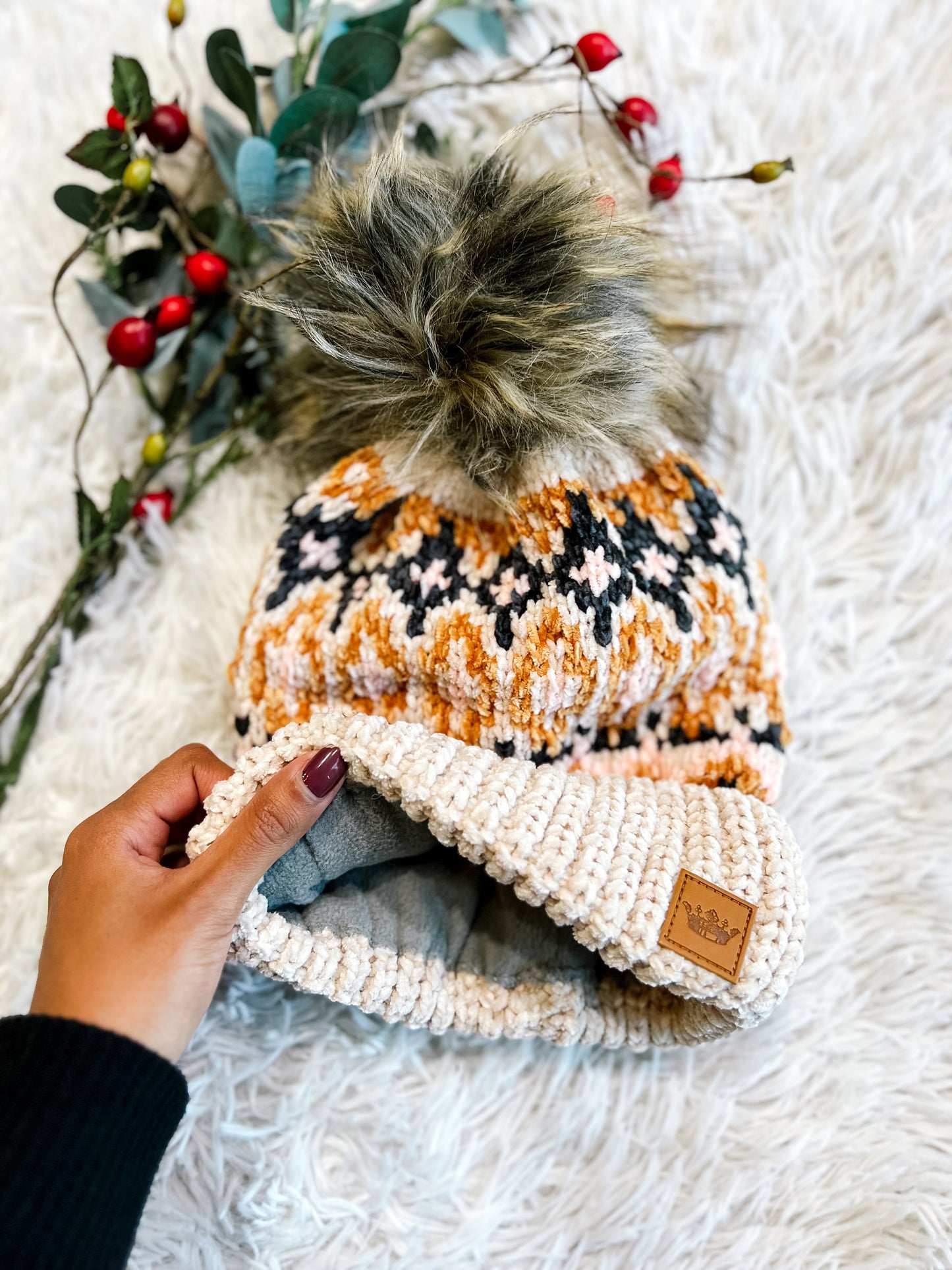 Beige, Light Pink & Navy Pom Beanie