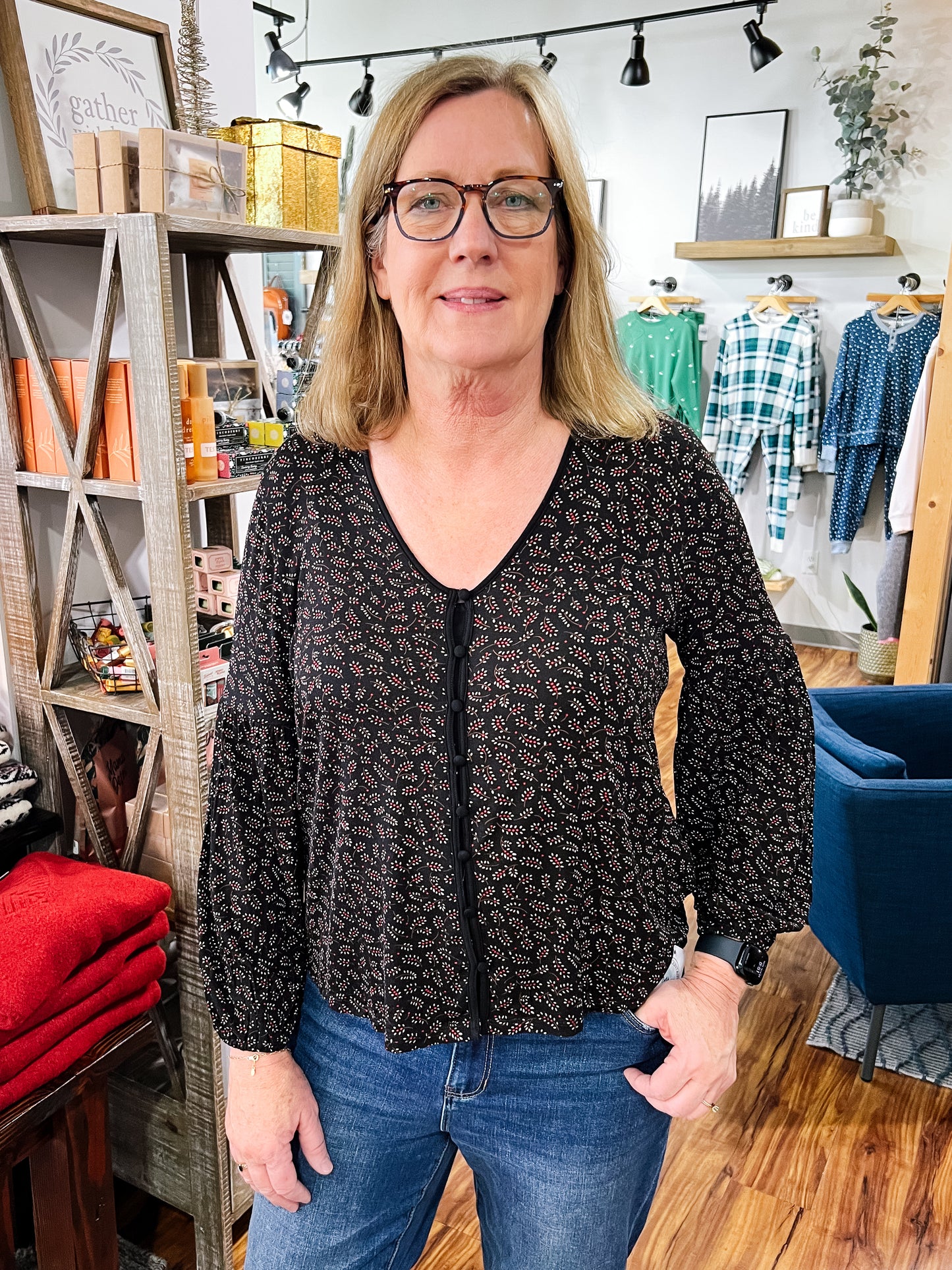 Black & Red Floral Button Blouse