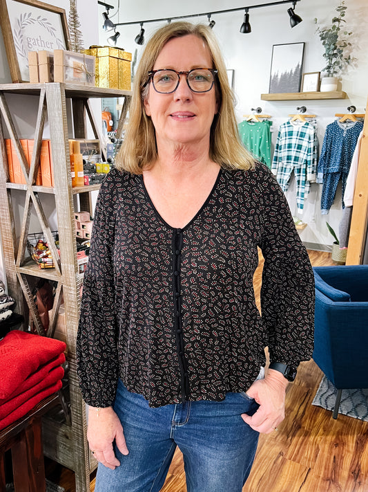 Black & Red Floral Button Blouse