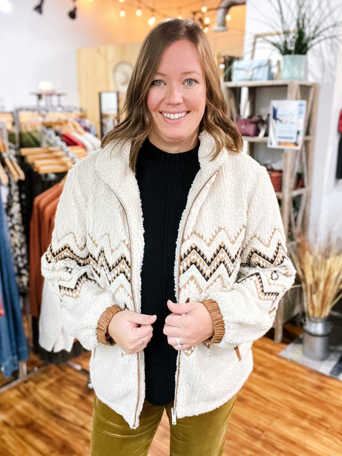 Cream Sherpa Aztec Zipper Front Jacket