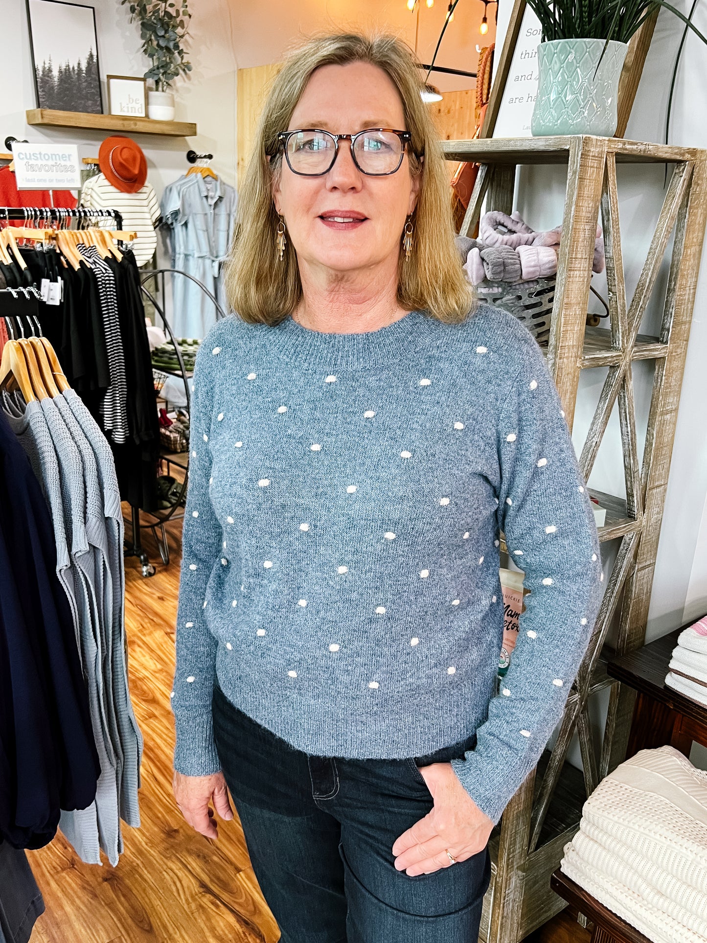 Blue Dotted Knit Crewneck Sweater