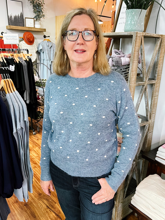 Blue Dotted Knit Crewneck Sweater