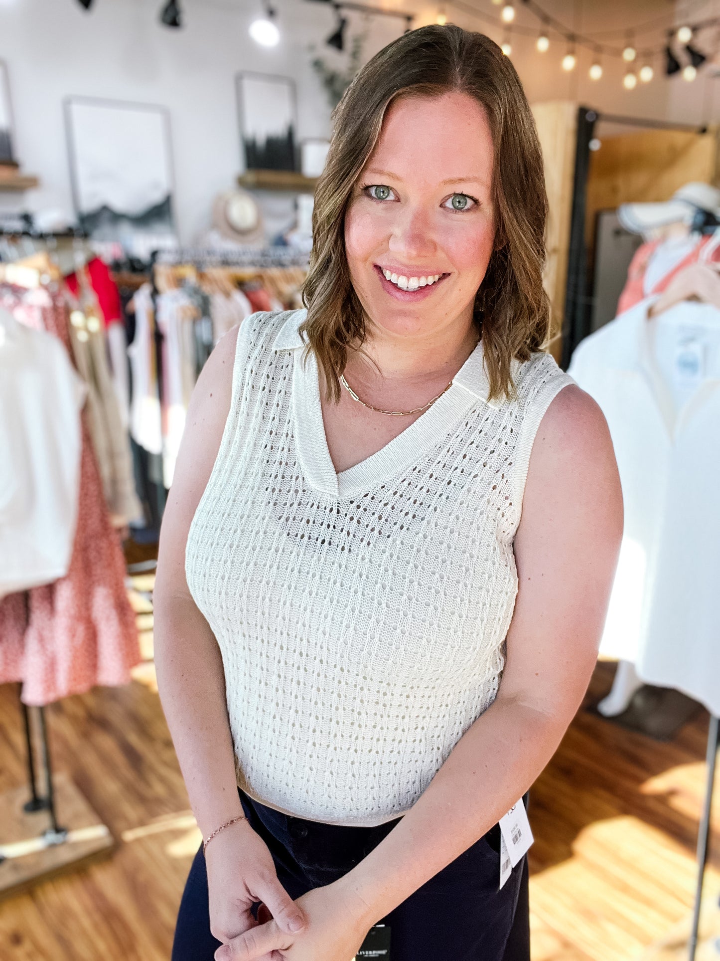 Cream Sleeveless Johnny Collar Top