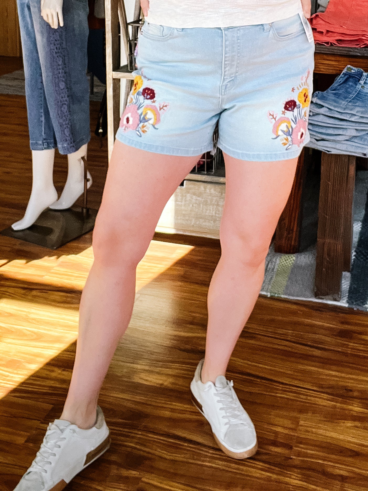 Denim Embroidered Front Short