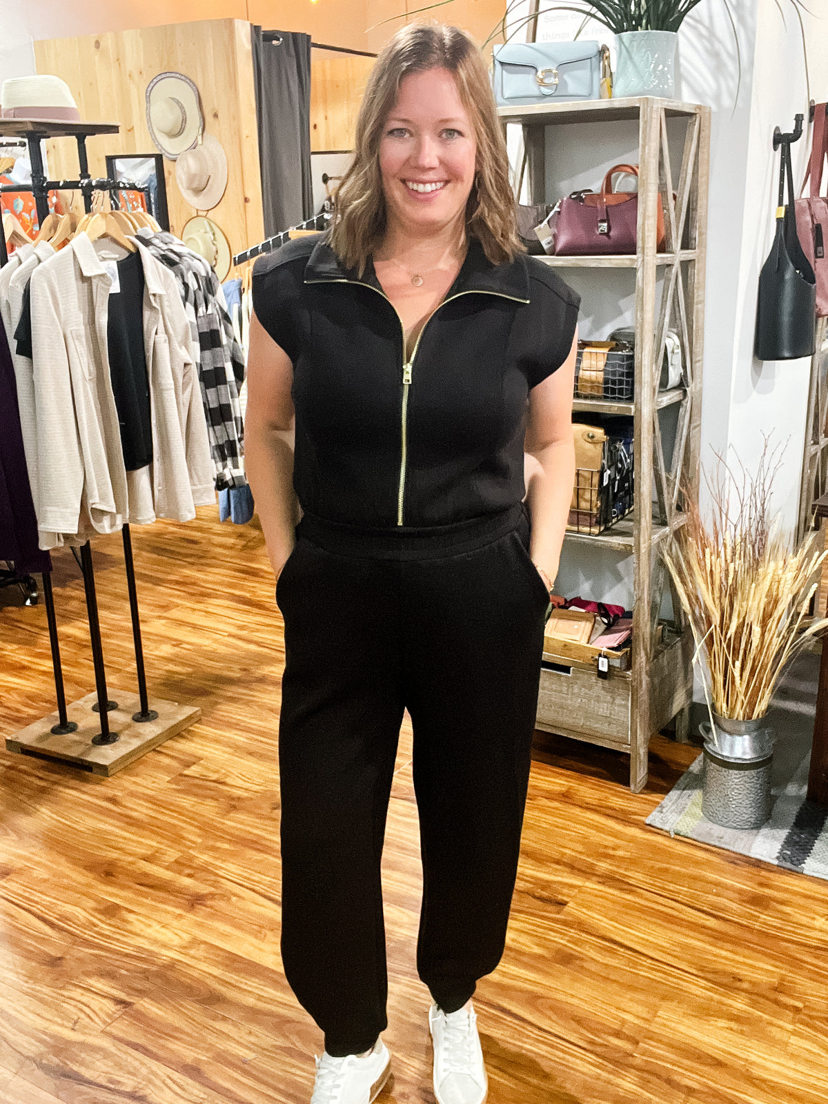 Black Half-Zip Jogger Jumpsuit