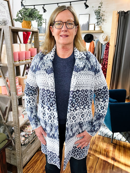 Navy Pattern Long Cardigan