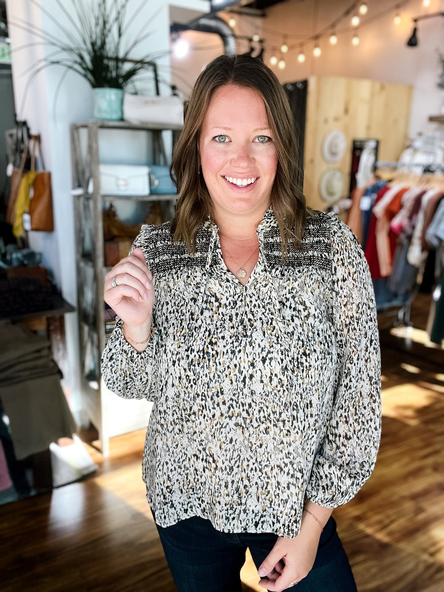 Brown Print Peasant Blouse