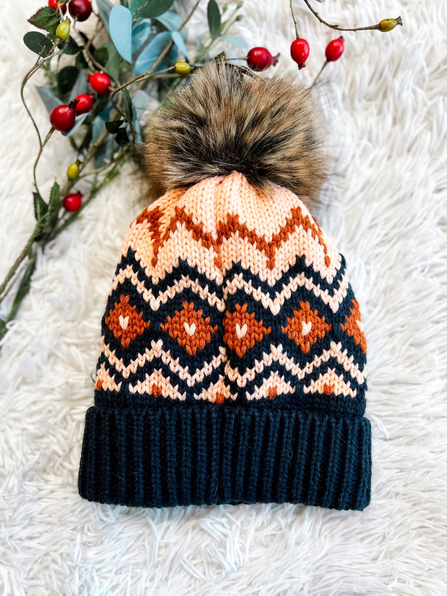 Navy, Rust & Pink Patterned Pom Beanie