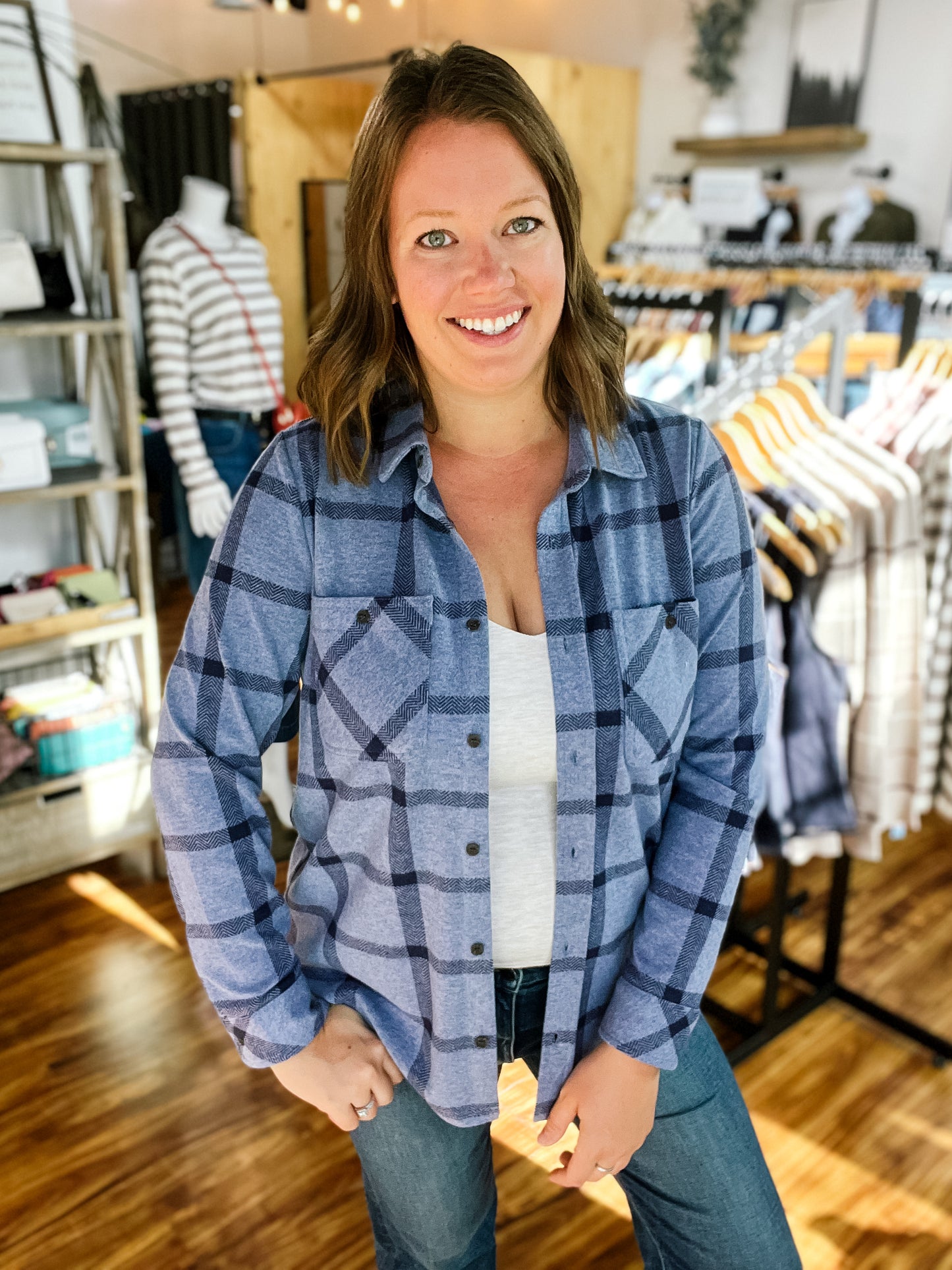 Heather Blue with Navy Plaid Flannel Shirt