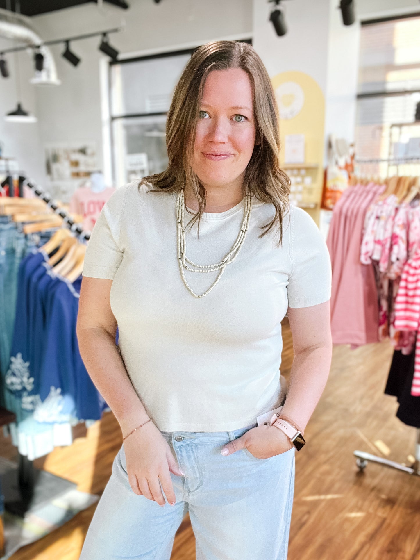 Beige Short Sleeve Round Neck Sweater