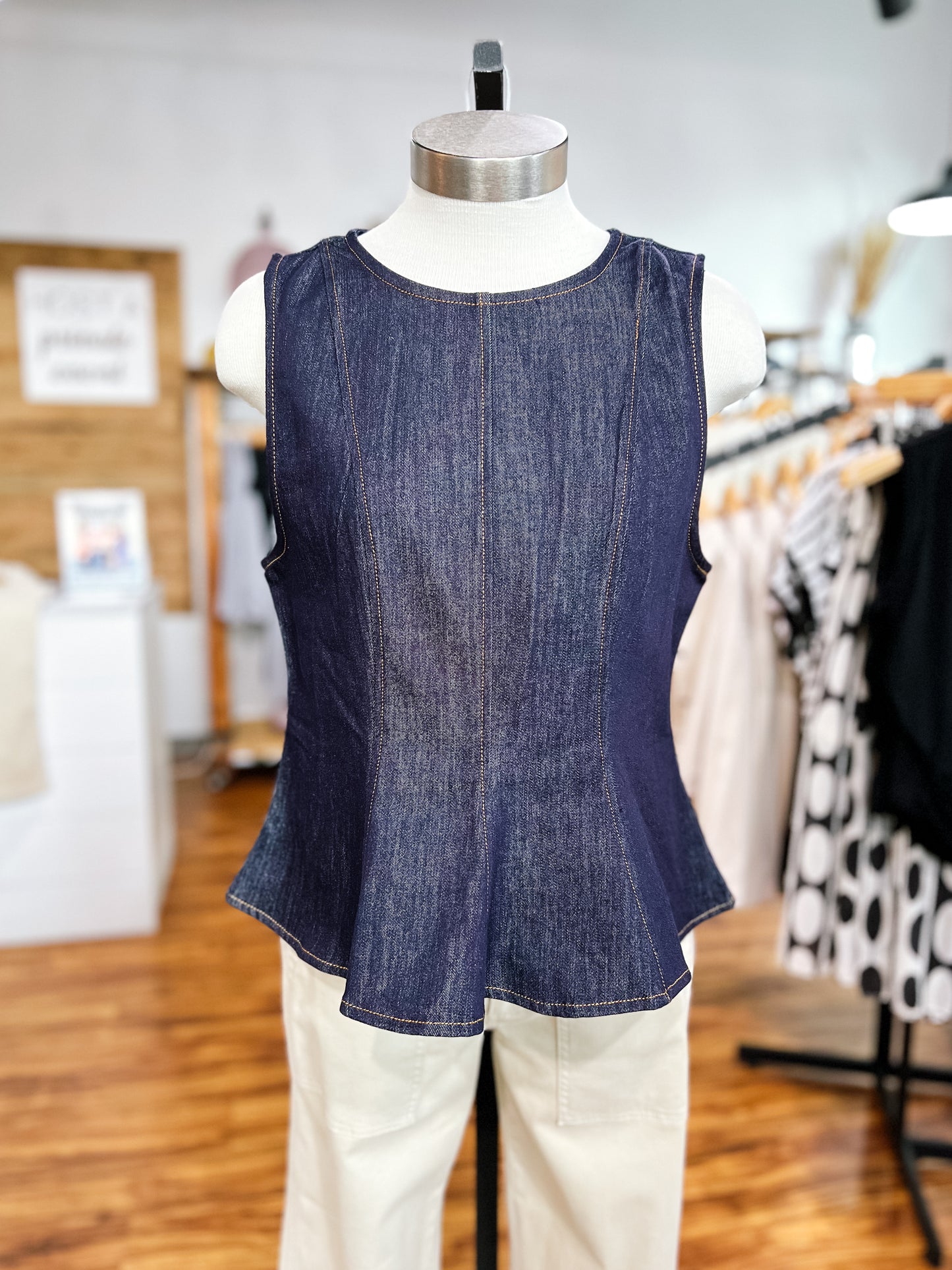 Dark Wash Denim Sleeveless Flare Top