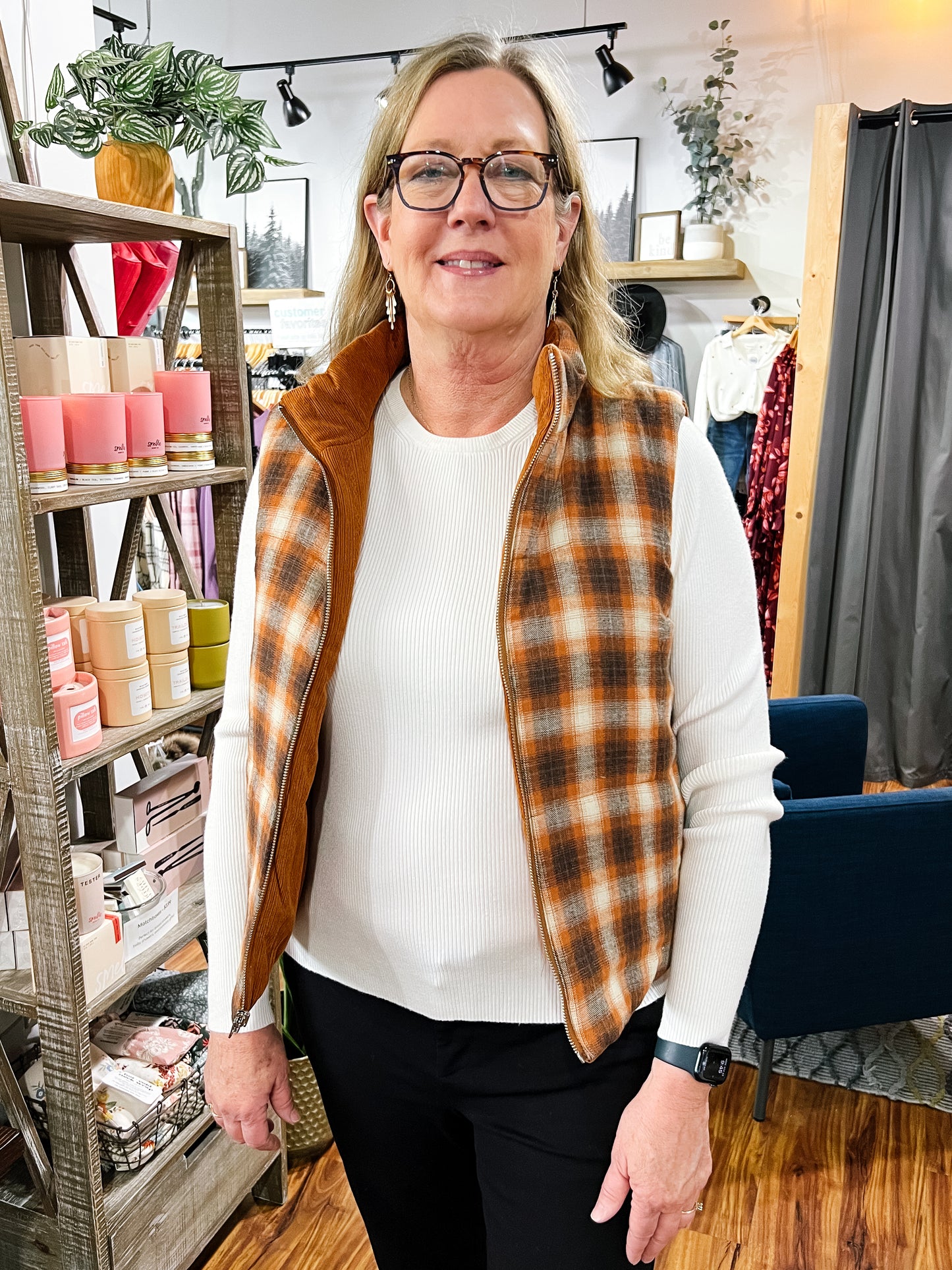 Camel Brown & Plaid Reversible Puffer Vest