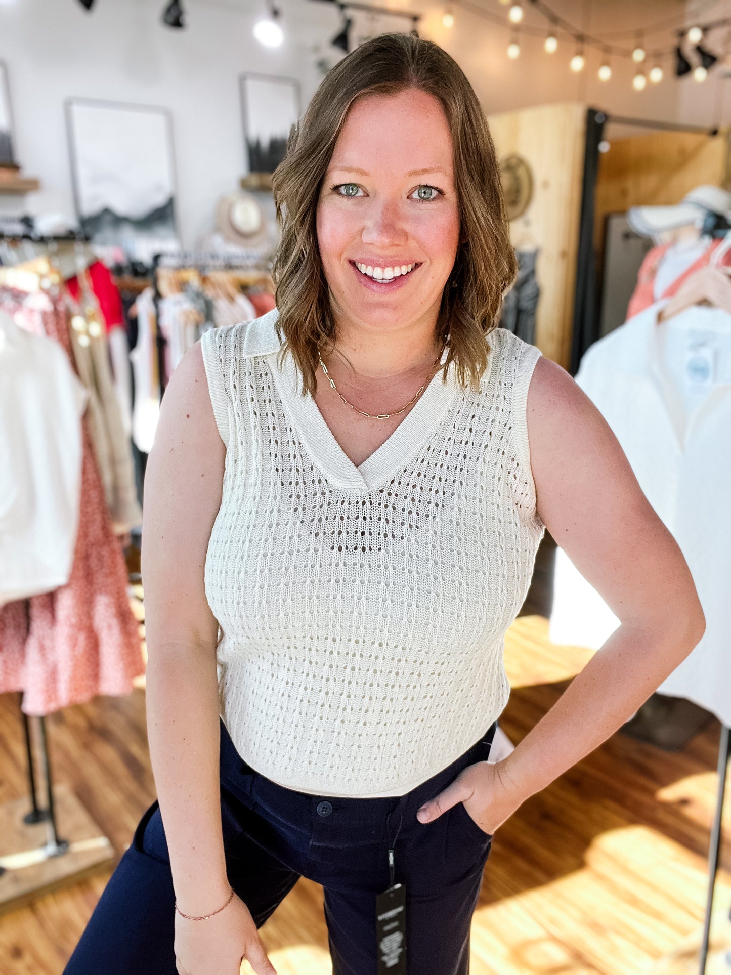 Cream Sleeveless Johnny Collar Top