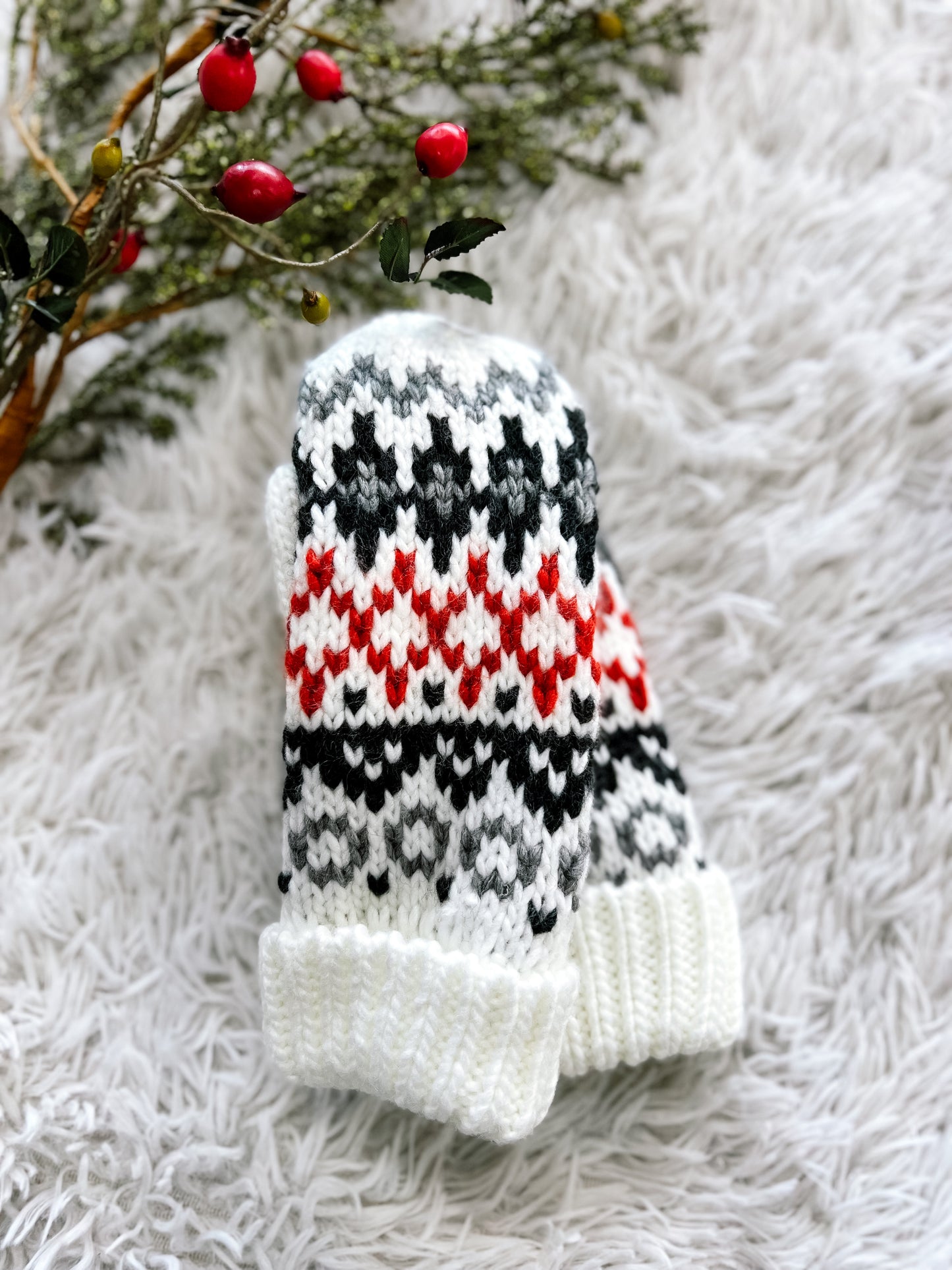 Ivory, Red & Gray Patterned Mittens