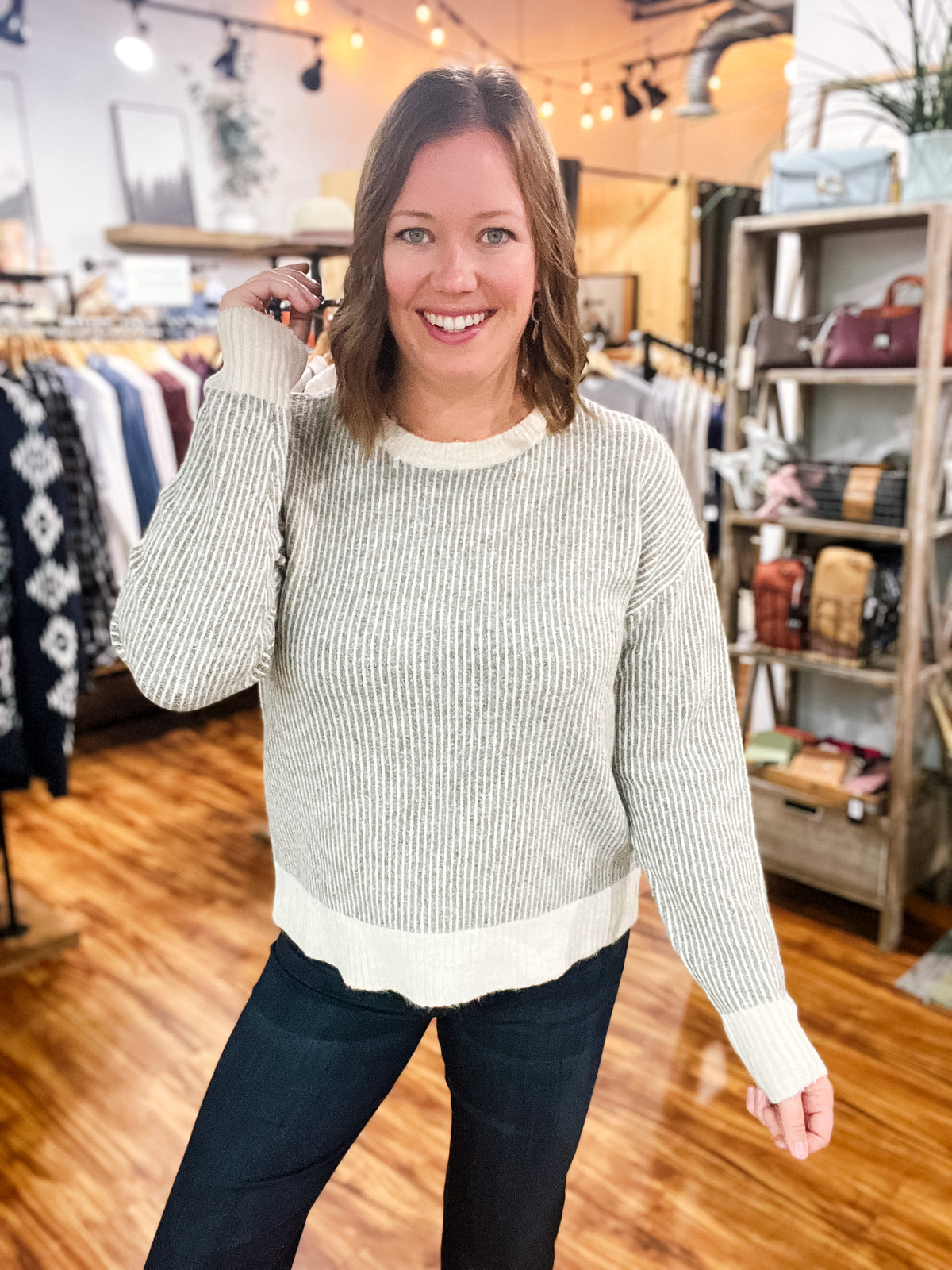 Olive Green & Cream Striped Sweater