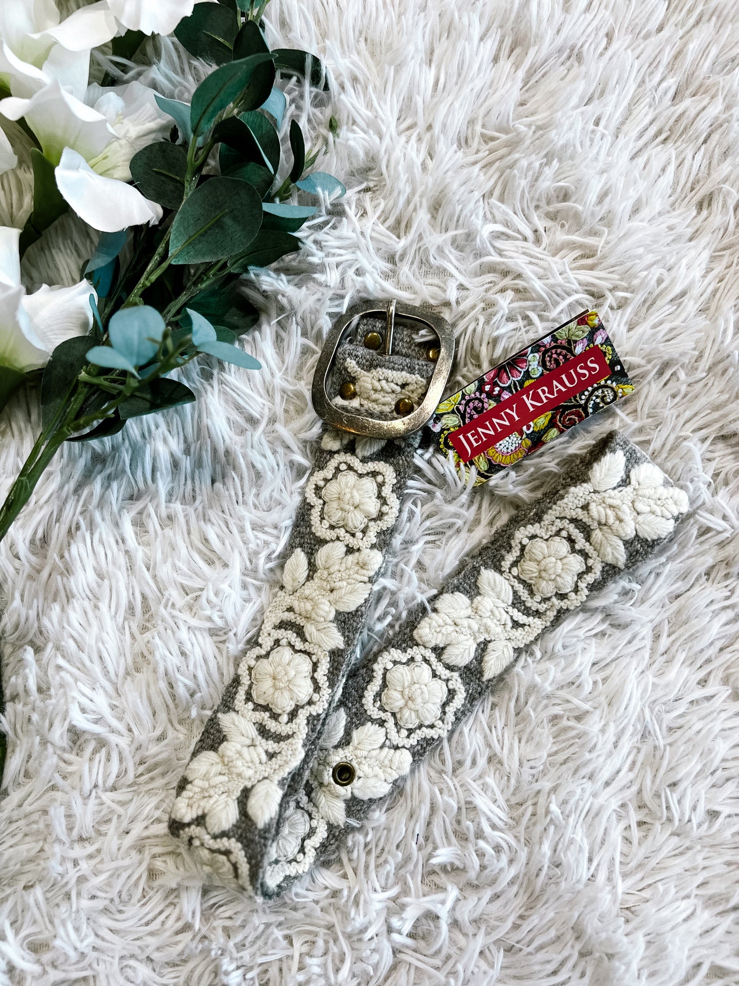 Gray & Cream Floral Embroidered Wool Belt