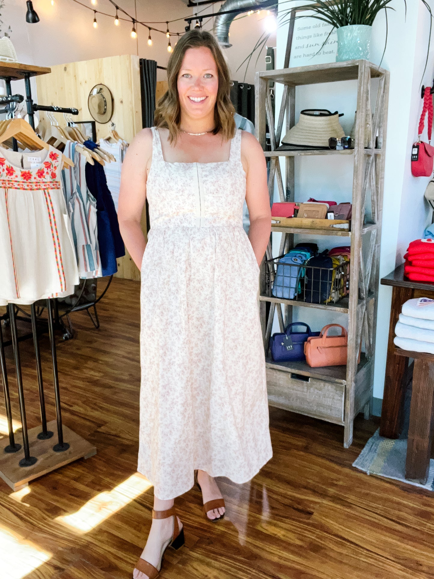 Cream W/Brown Floral Dress