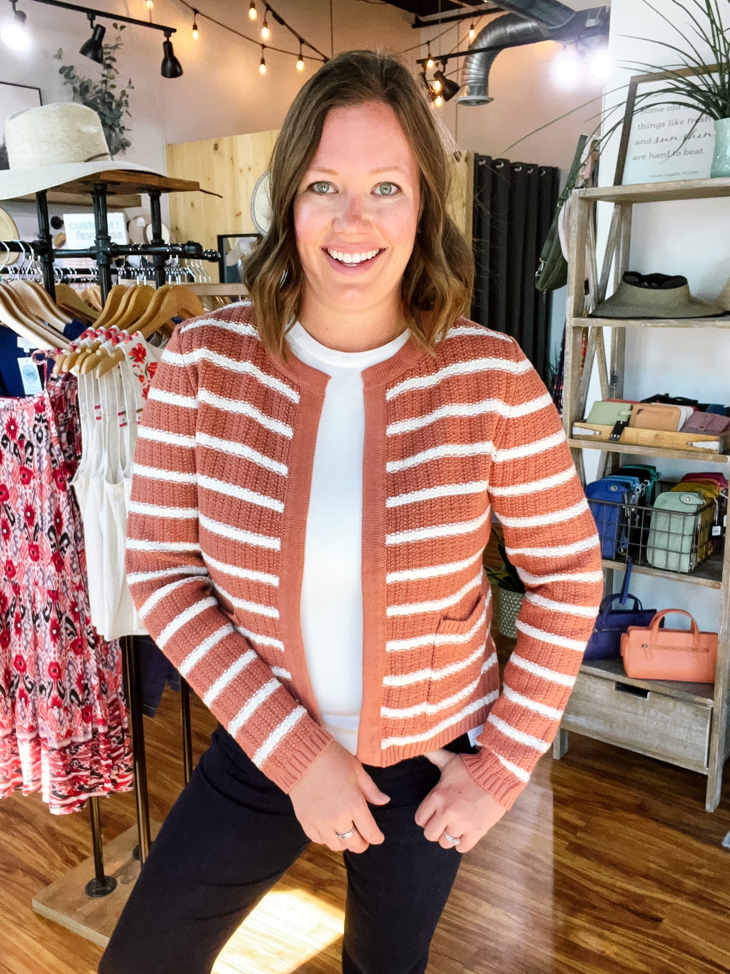 Terracotta Chunky Knit Striped Cardigan