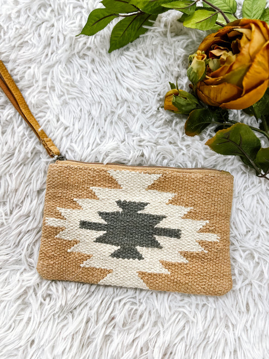 Tan, Cream, Gray Aztec Wristlet