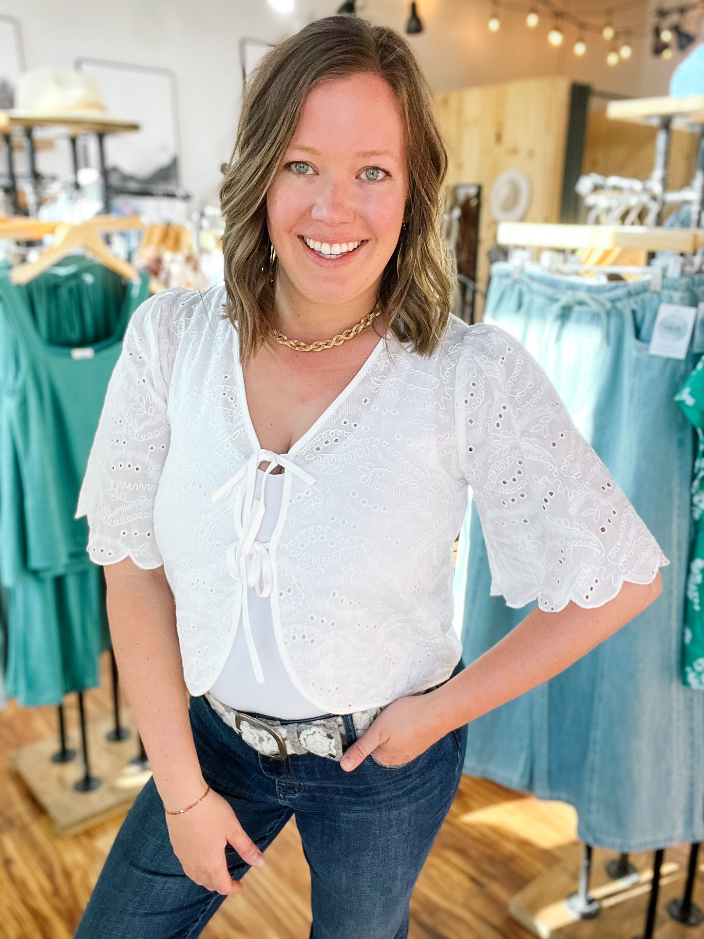 White Eyelet Tie Top