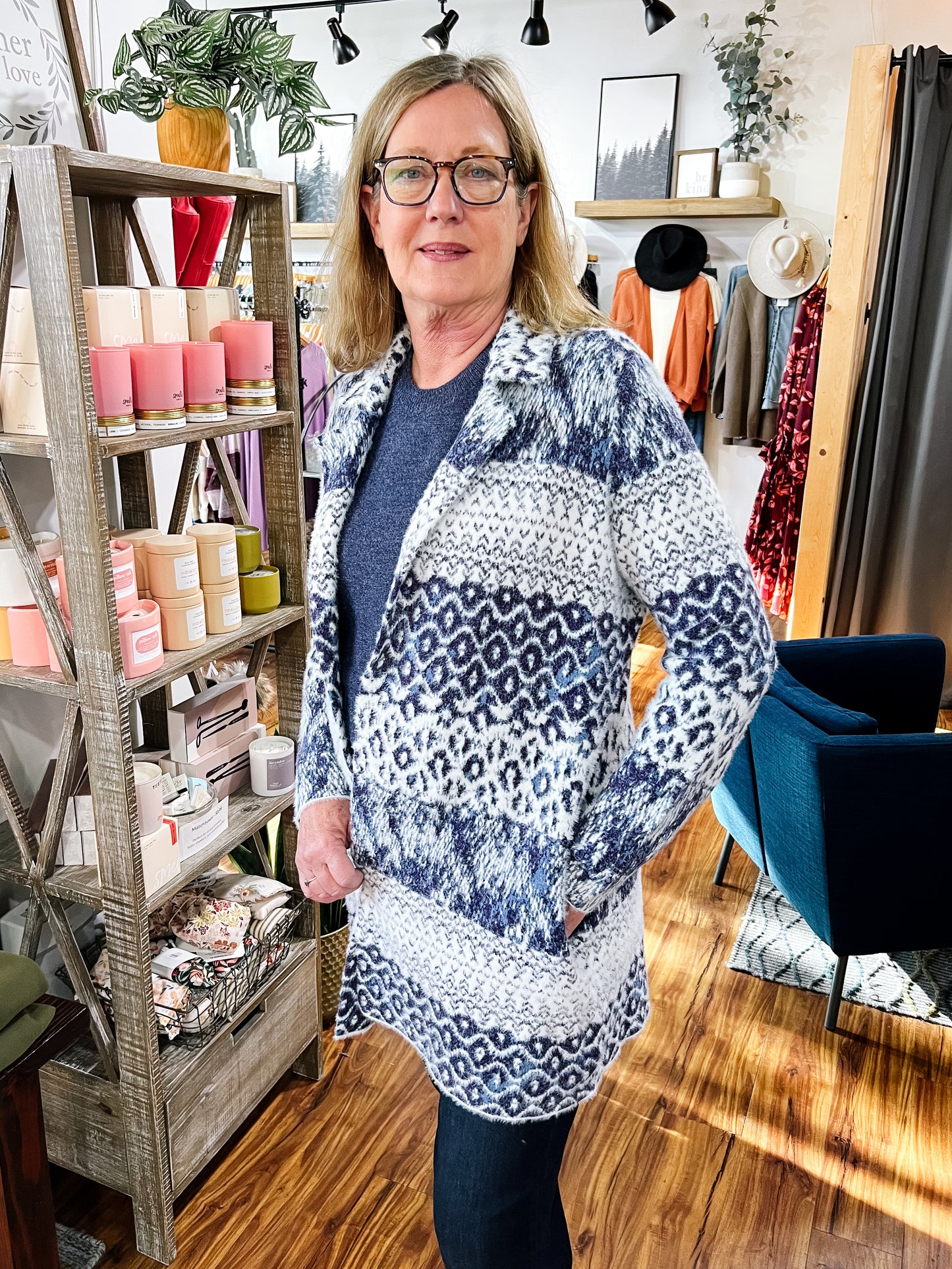 Navy Pattern Long Cardigan