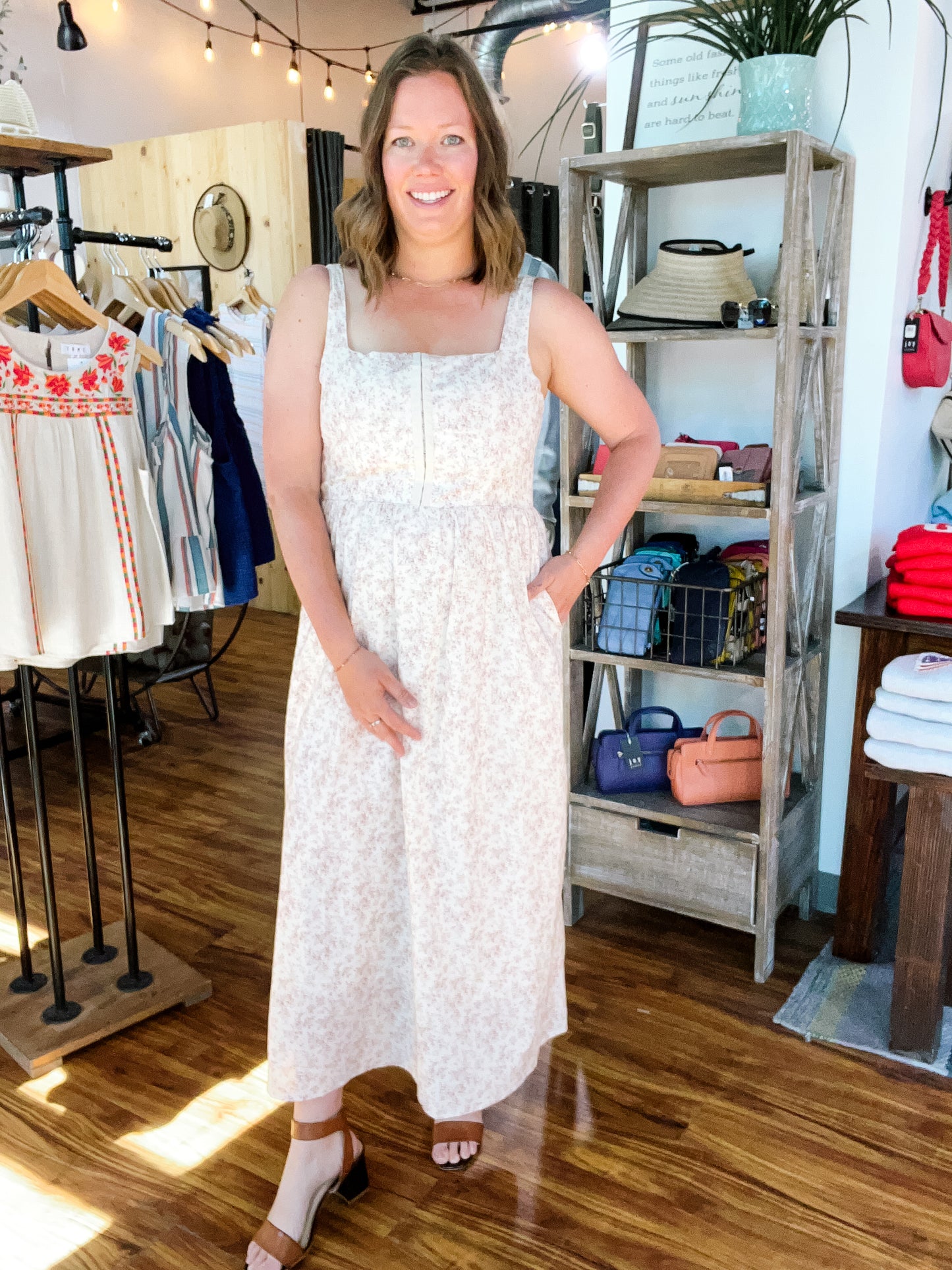 Cream W/Brown Floral Dress