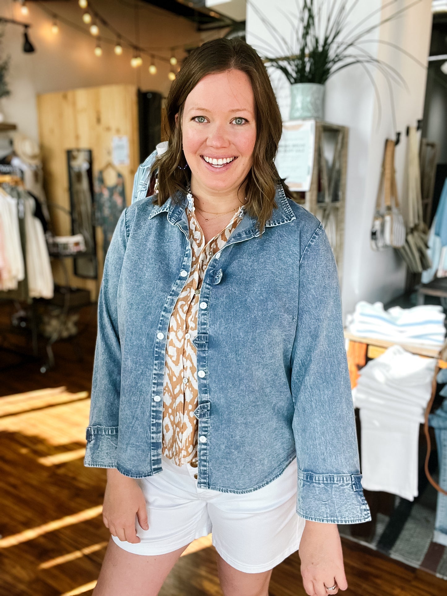 Chambray White Button Top
