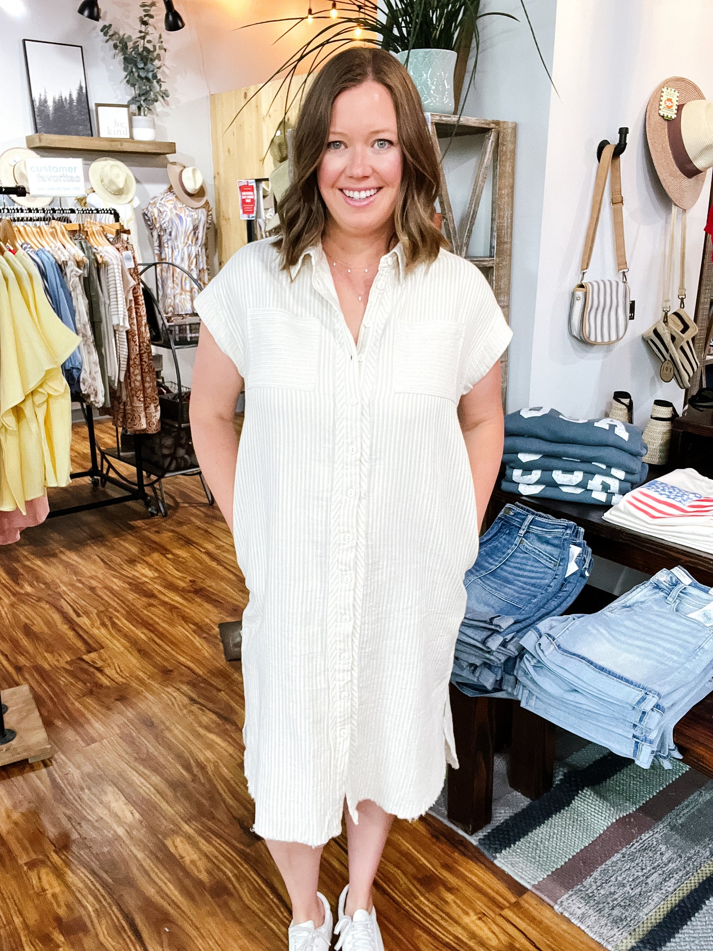 Cream & Tan Stripe Button Front Shirt Dress