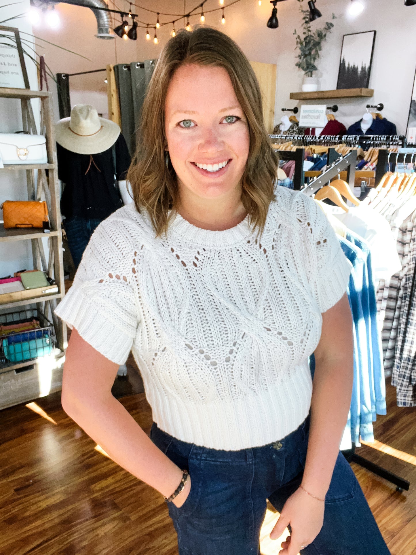 Cream Crochet Short Sleeve Sweater