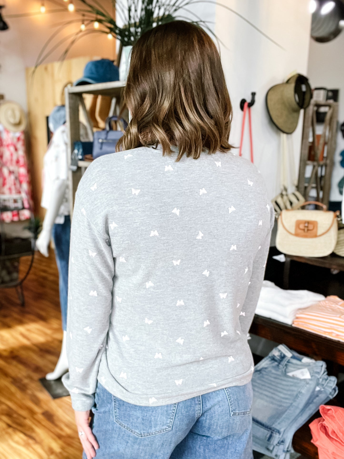 Heather Gray Butterfly Long Sleeve Top