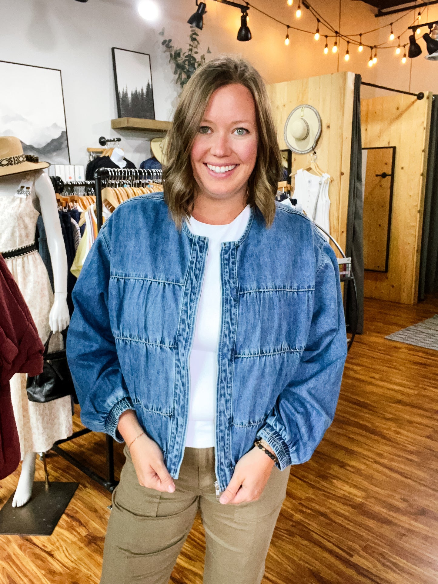Denim Medium Wash Bomber Jacket