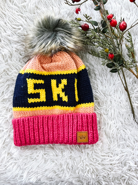 Navy & Pink Ski Pom Beanie