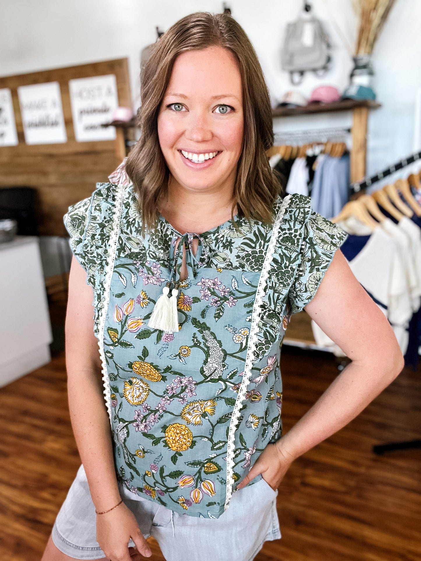Green Floral Print W/Tassles Top