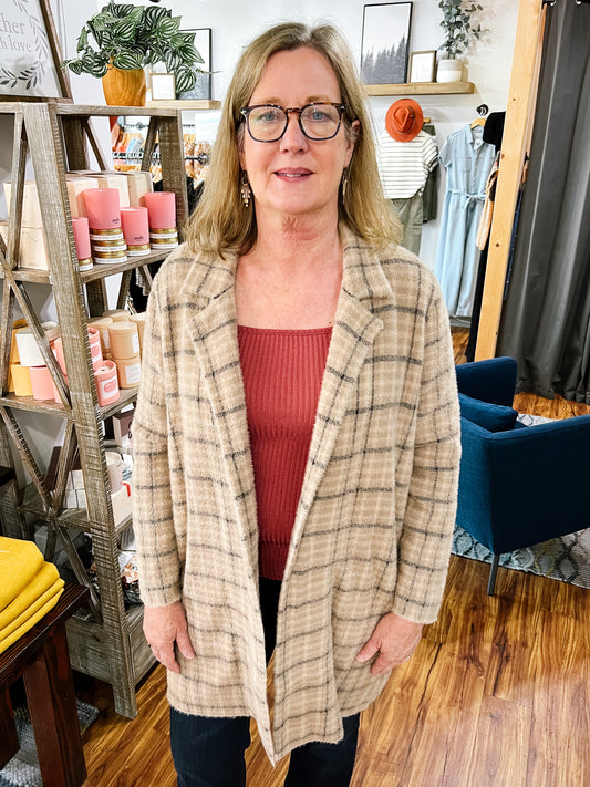 Tan Plaid Long Cardigan