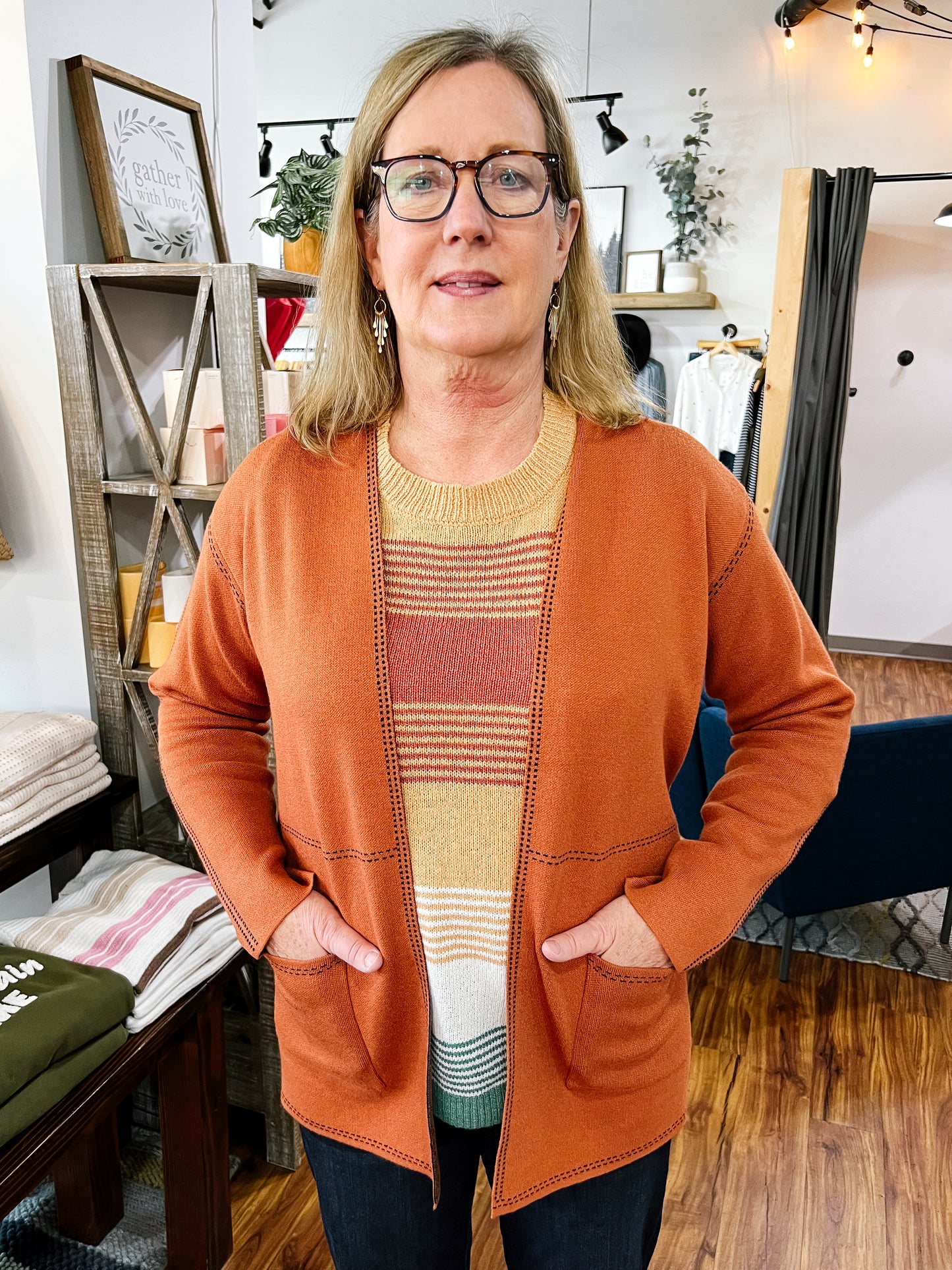 Copper Cardigan W/ Black Stitch Detail