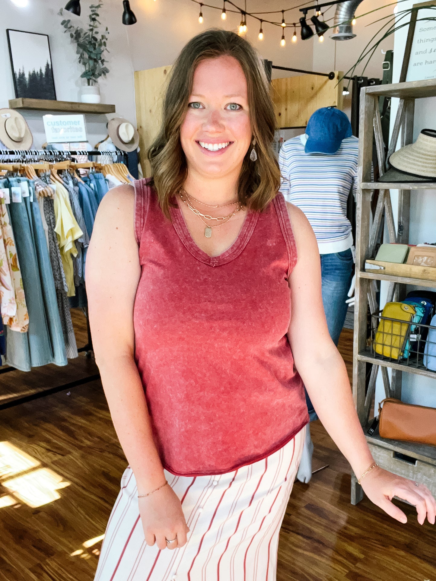 Red Mineral Wash V-Neck Tank Top