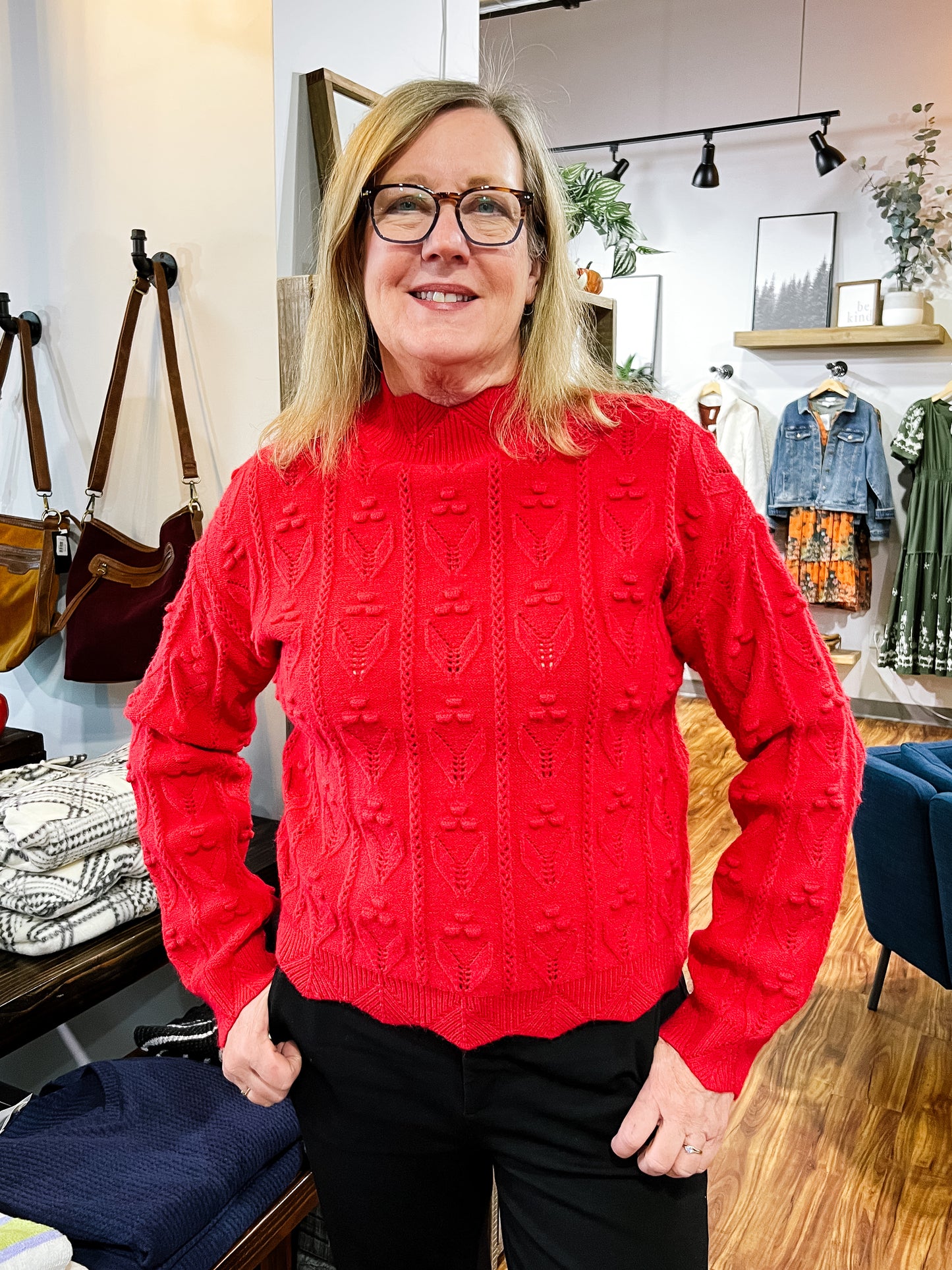 Red Scallop Edge High Neck Sweater